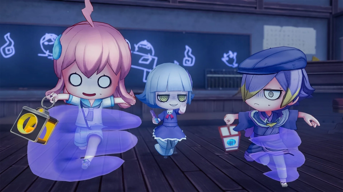 暗い教室で浮遊するちびキャラの幽霊たち