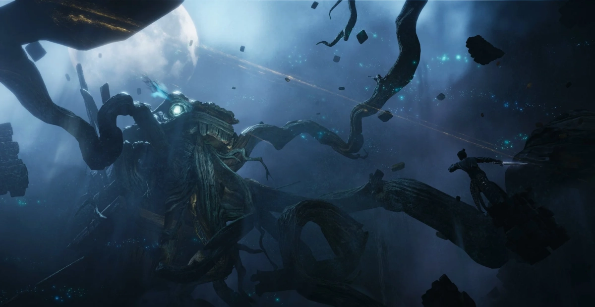 巨大な樹木のような怪物と剣士