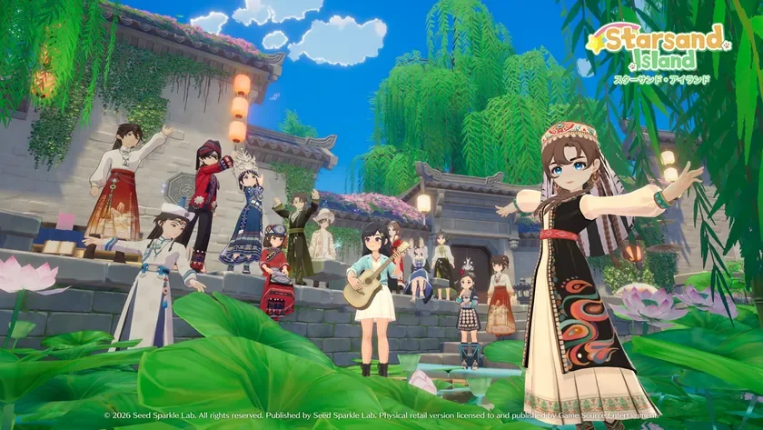 ゲーム内の東洋風キャラクターと庭園、音楽