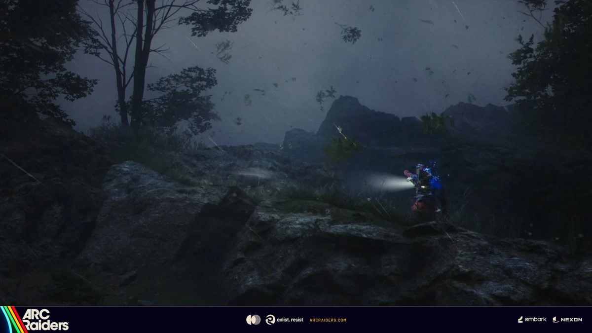 嵐の中を探索するキャラクター