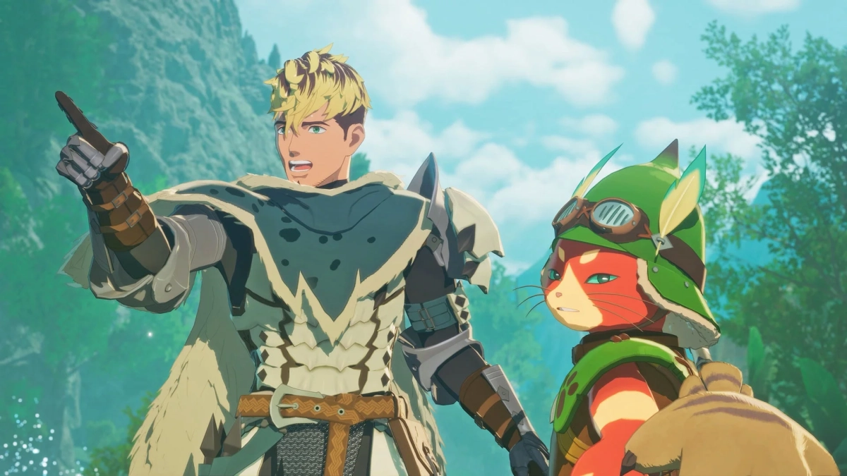 アニメスタイルの男性キャラクターと猫のような相棒