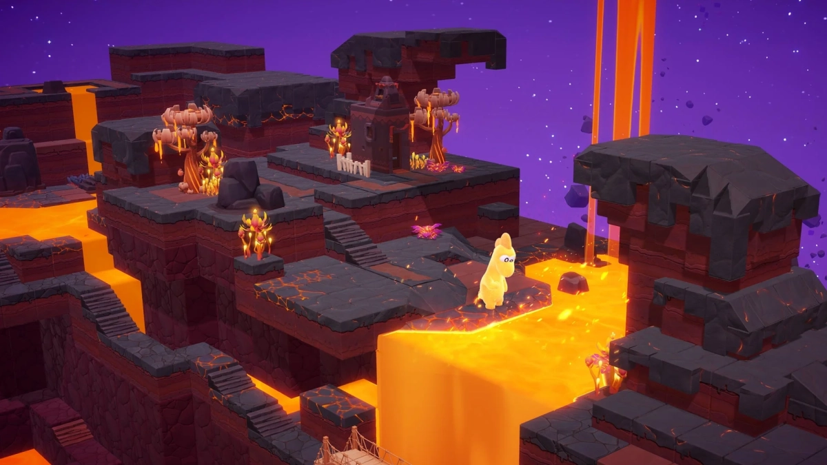 溶岩、浮島、ファンタジー、ゲーム、異世界、紫の空、キャラクター、冒険、鮮やか、不思議な生物、火山、光る植物、アイソメトリック、プラットフォームゲーム