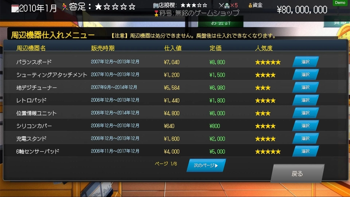 ゲーム内画面「周辺機器仕入れメニュー」