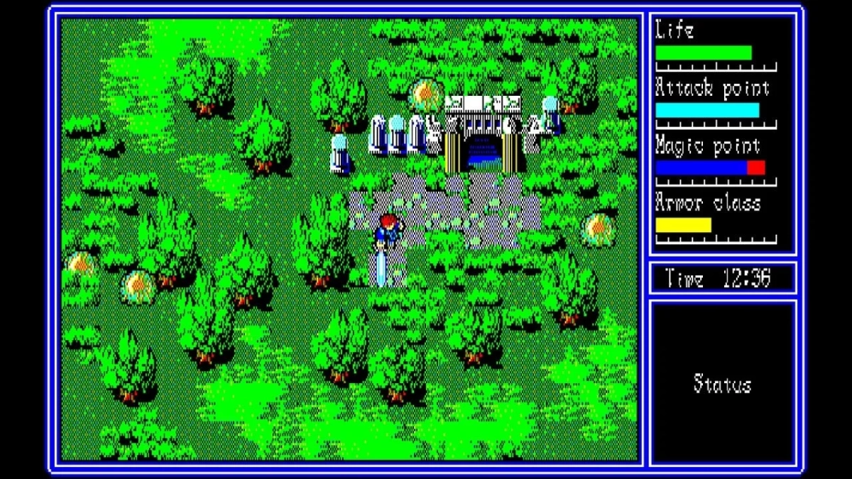 レトロなピクセルアートのRPGゲーム画面です。主人公らしきキャラクターが森の中、城の入り口のような場所の前に立っています。