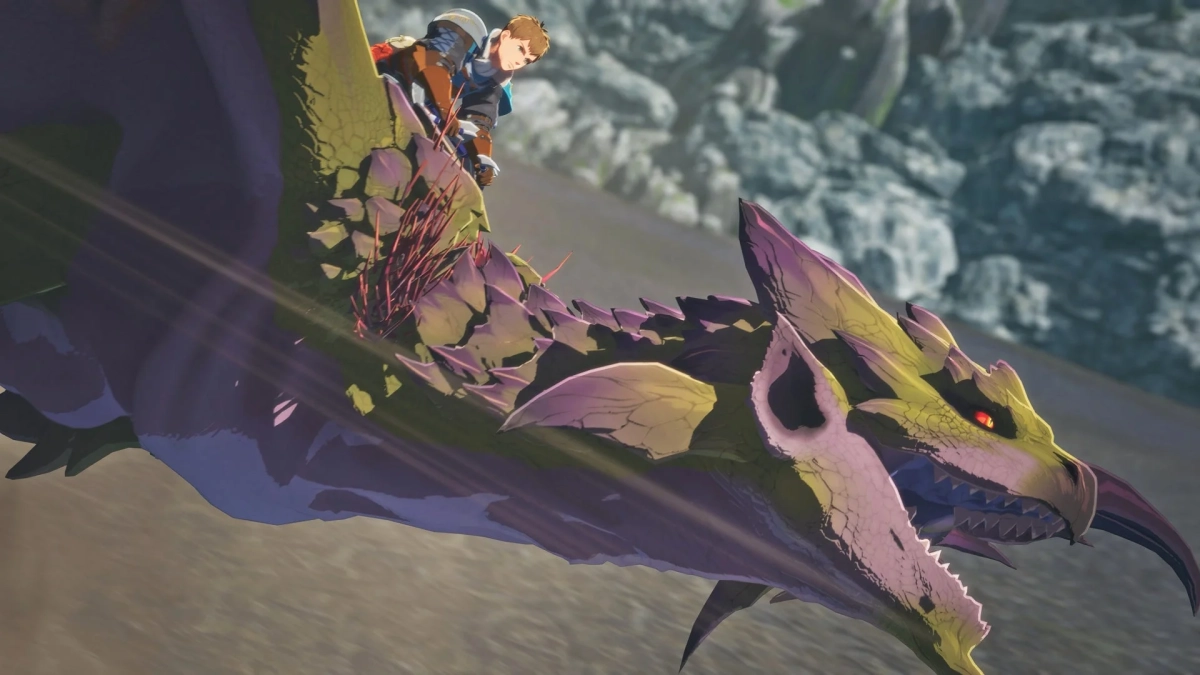 ライダーが紫と黄色の鱗を持つ巨大な竜の背に乗って飛行している場面