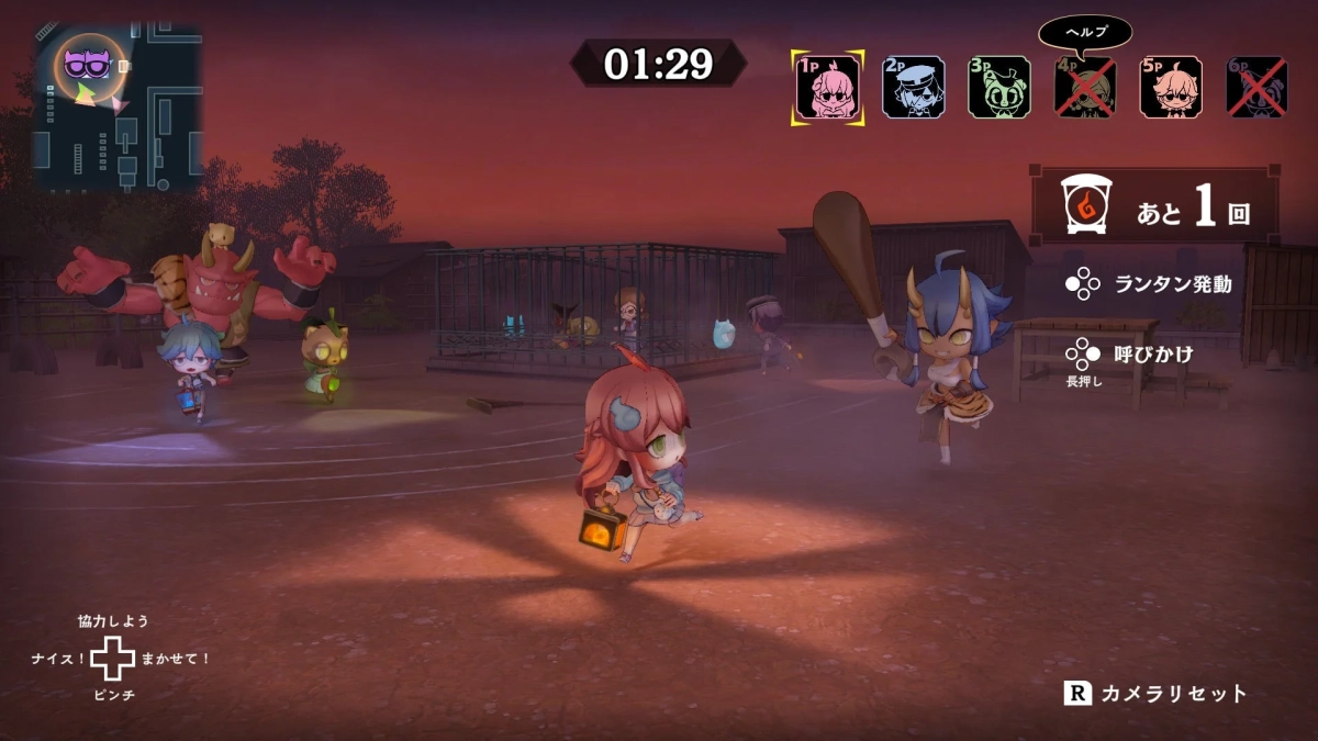 屋外ステージで複数のちびキャラが活動するゲーム画面