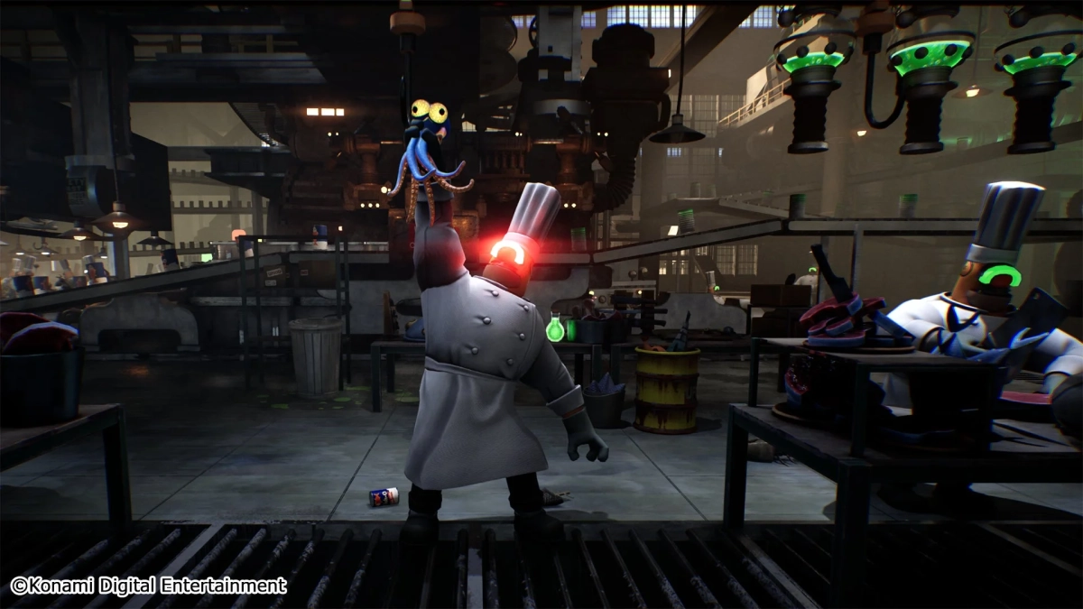 工場で作業するシェフとタコ