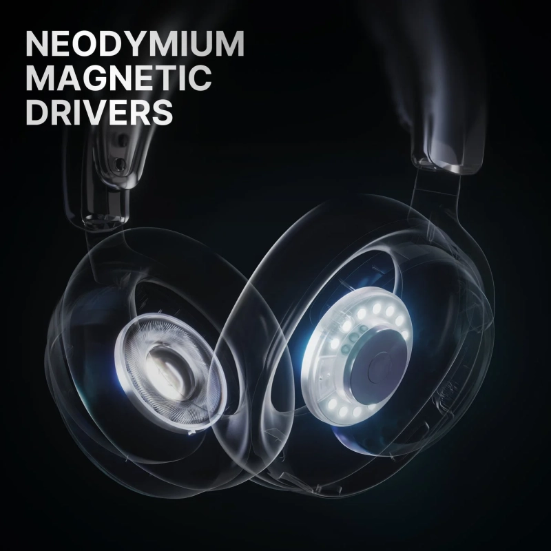 ヘッドホン内部のネオジム磁気ドライバーを強調した画像です。透明な筐体越しに発光するドライバーユニットが見え、その技術的な特徴を示しています。