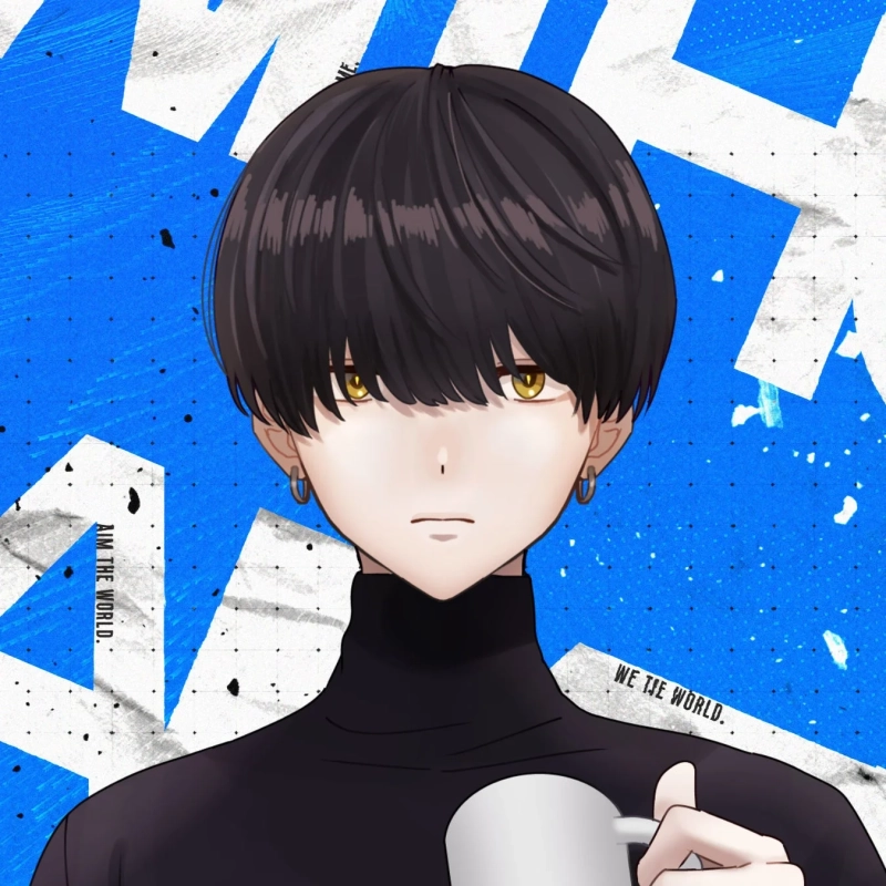 黒いタートルネックを着てマグカップを持つアニメ風の男性キャラクターのイラスト