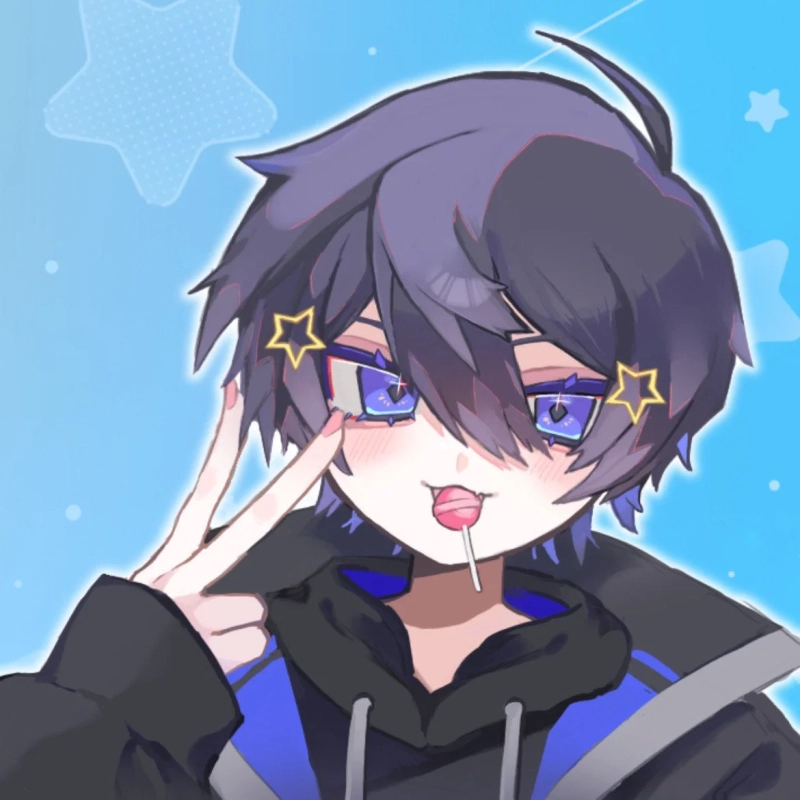 青い瞳と星のアクセサリーが特徴のアニメ風キャラクターが、Vサインをしてロリポップをくわえているイラスト