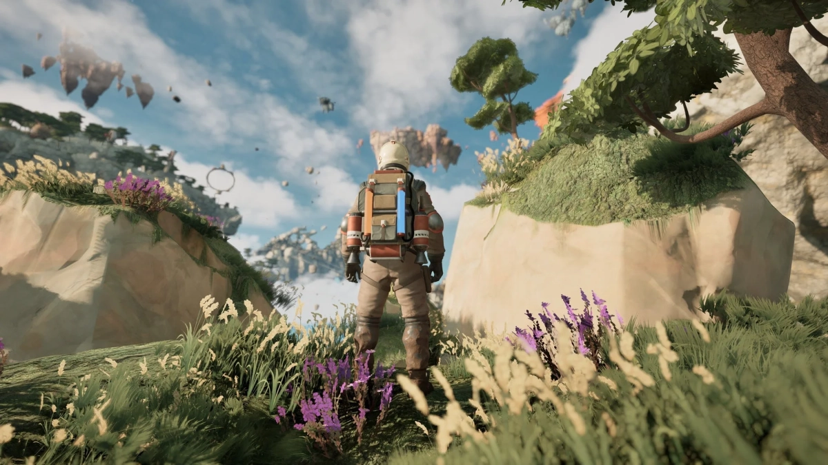 未来的なスーツを着用した人物が浮遊する島々が点在する幻想的な風景を眺めています