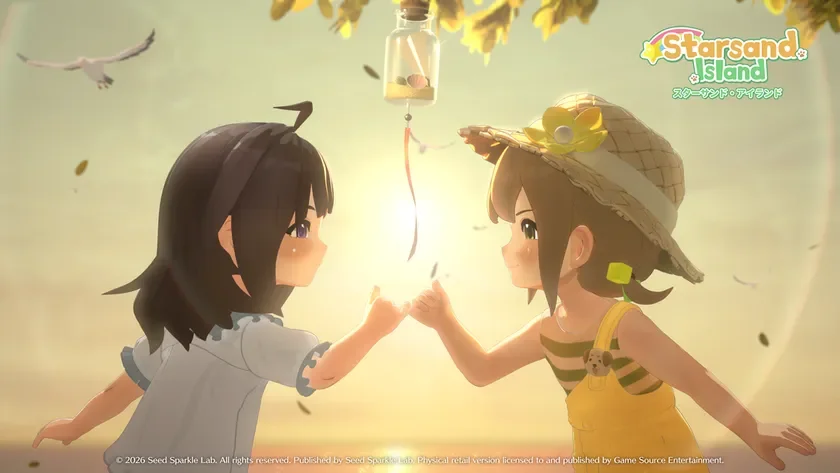 ゲーム内の夕焼けと少女たちのイラスト、指切り