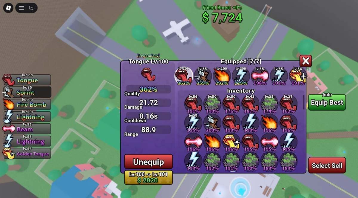 ゲームのインベントリ画面が表示されており、伝説級の「Tongue」アイテムの詳細な能力値と、様々なレベルの装備アイテムがリストアップされています。背景には飛行場のようなマップが見えます。