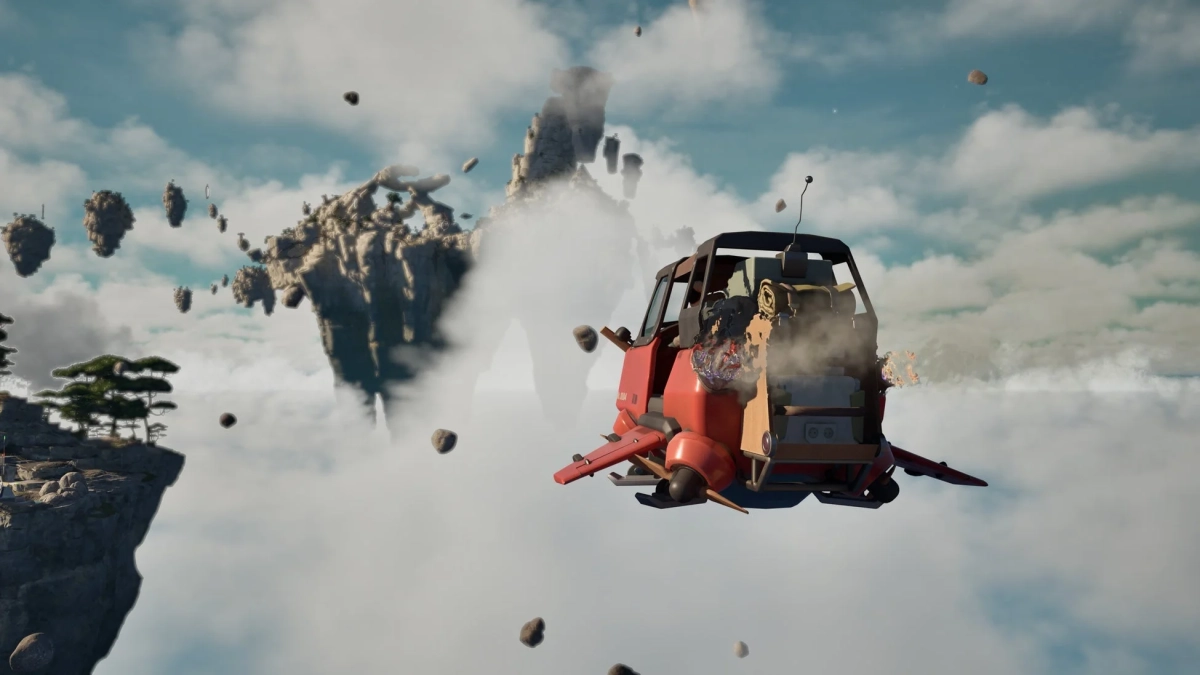 雲海に浮かぶ神秘的な浮島群の間を、煙を上げながら飛行する赤い改造車が描かれています