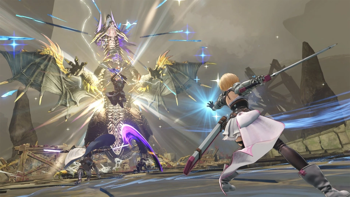 ファンタジーの世界で、剣と魔法を操る女性キャラクターが巨大なドラゴンと激しい戦闘を繰り広げているシーン。