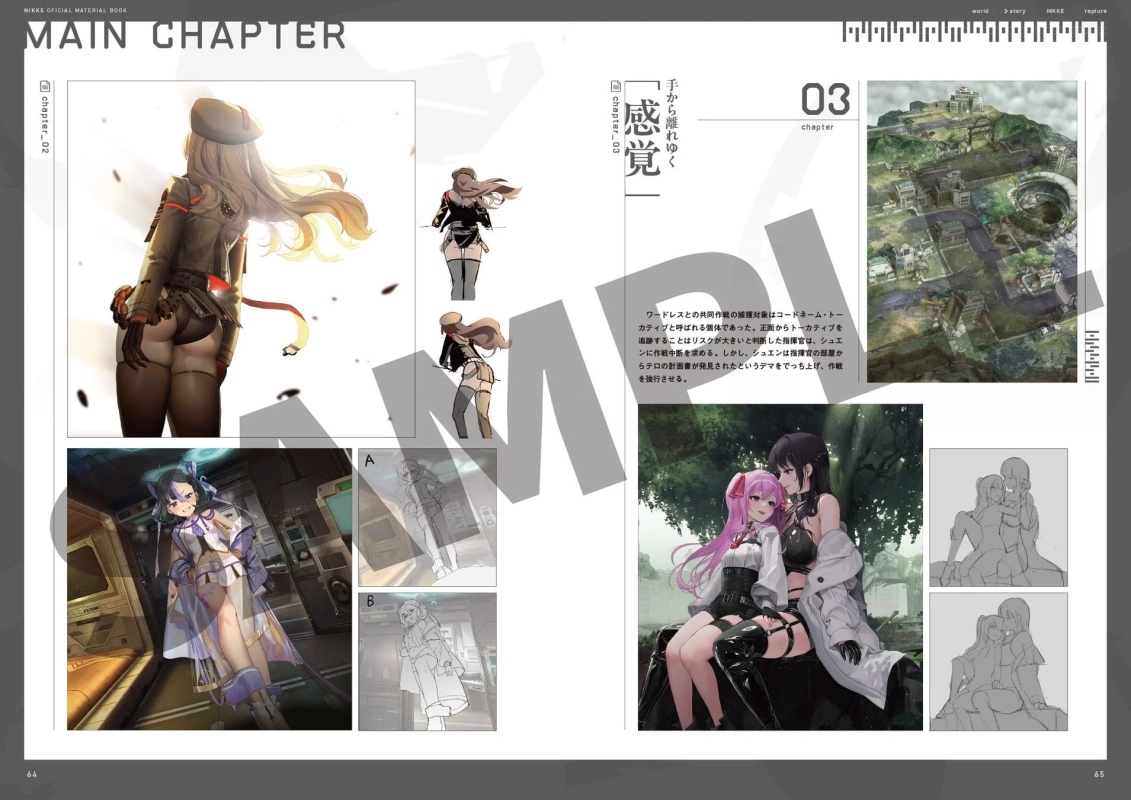 NIKKE公式設定資料集の1ページで、ミリタリー風の女性キャラクター、未来都市の風景、そして親密な様子の女性二人組のイラストと設定画が掲載されており、物語の背景に関する説明文も含まれています。