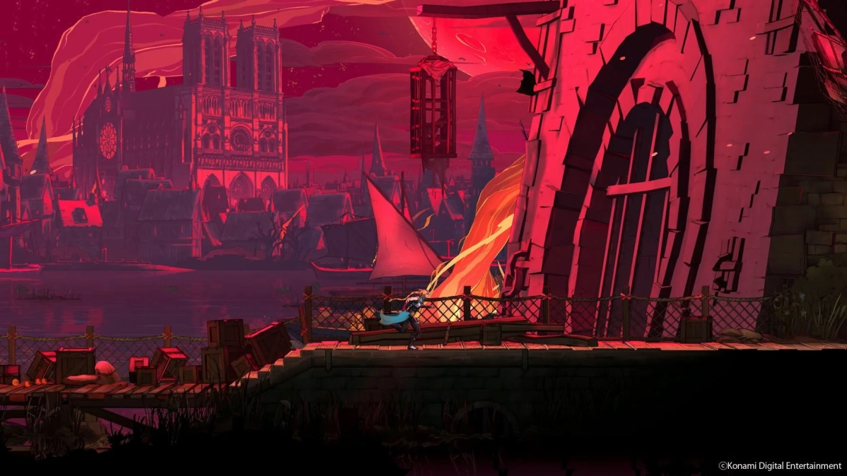 赤い空の街並みと大聖堂