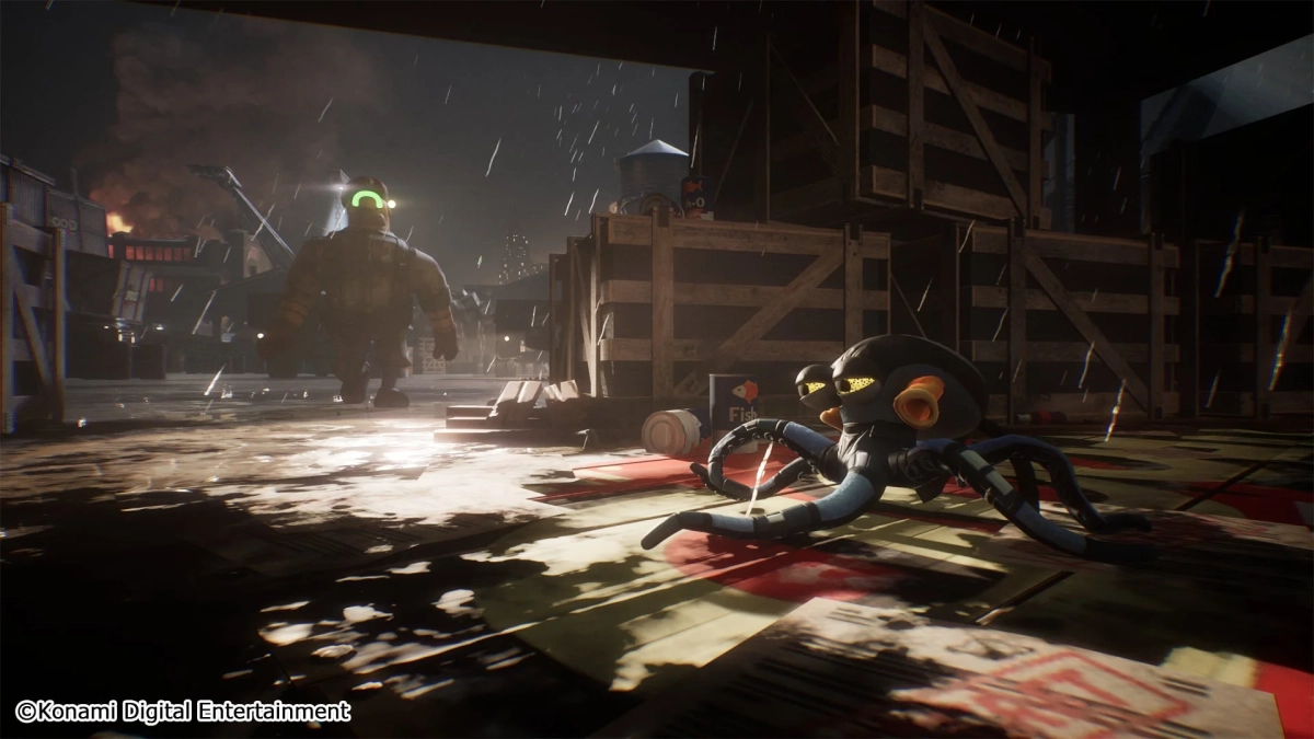 雨の夜の工場と巨大なキャラクター