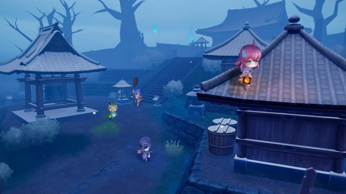 雪景色の和風マップでちびキャラたちが活動する様子