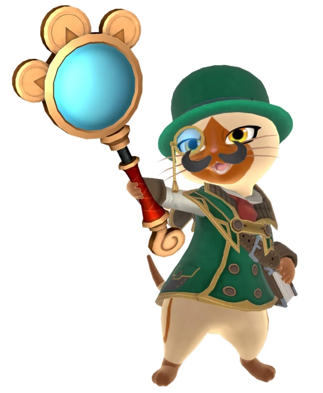 探偵風の緑の帽子とモノクルをつけたアイルーのキャラクター