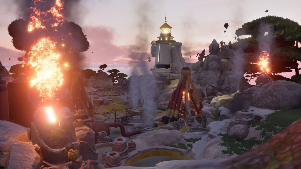 幻想的な風景の中で、複数の場所で火災や爆発が発生しています
