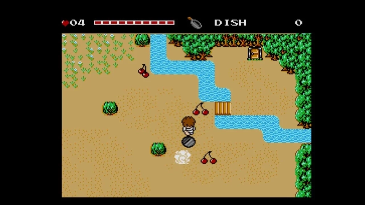 キャラクターが川辺を探索するゲーム画面