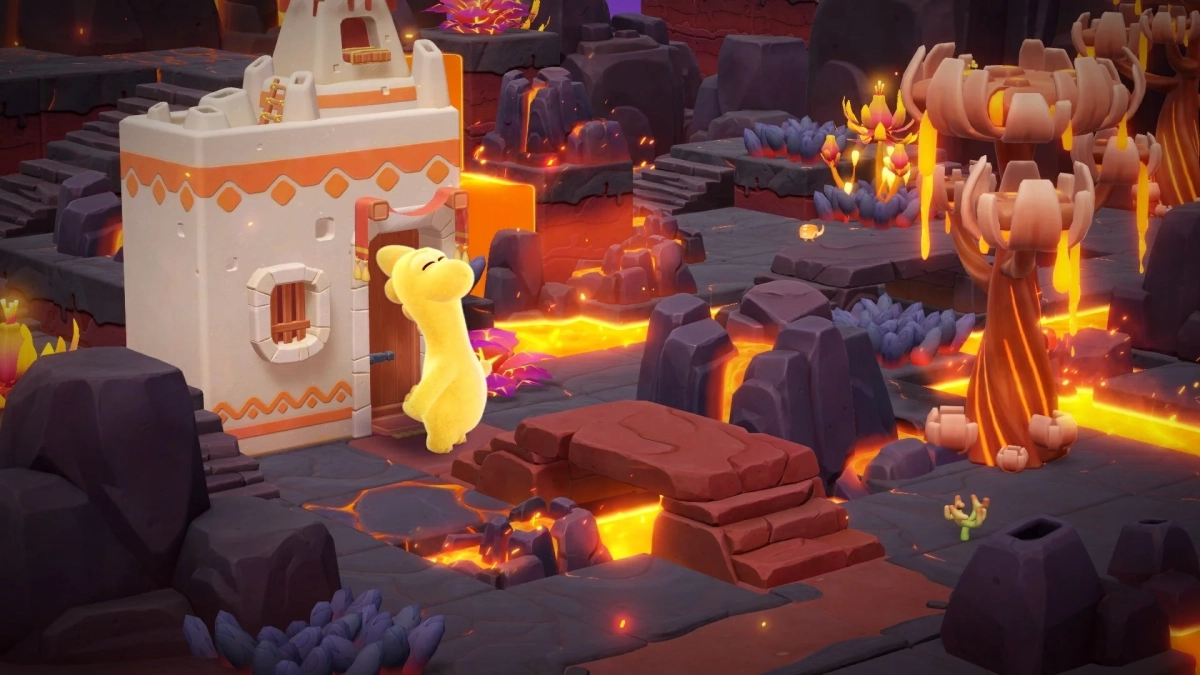 ゲーム、ファンタジー、溶岩、キャラクター、建物、黄色い生き物、火山、冒険、3D、アニメーション、ポップ、岩、橋、異世界、かわいい