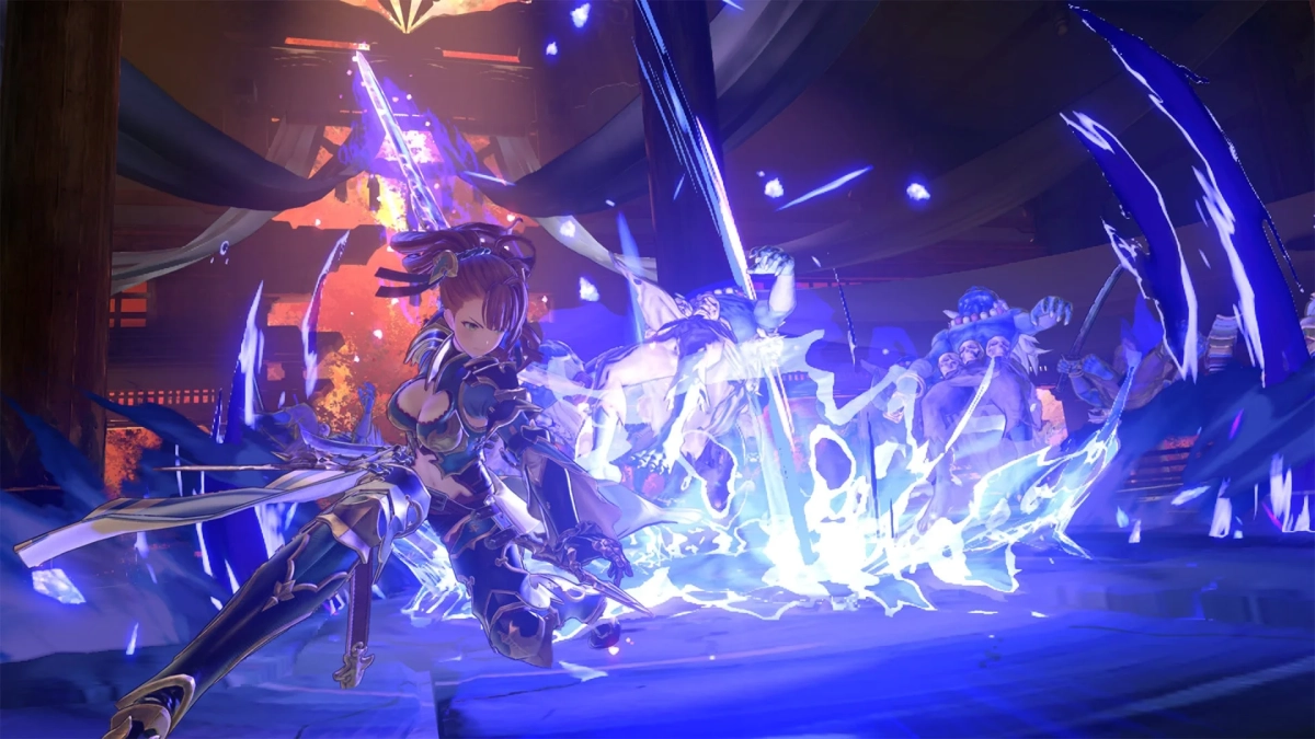 青い光のエフェクトを放つ女性キャラクターが、複数のモンスターと激しい戦闘を繰り広げているゲームのワンシーン。