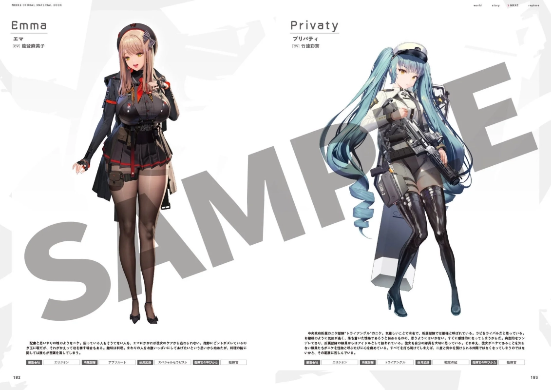 「NIKKE」の公式資料集のページで、エマとプリバティの美少女キャラクターが紹介されています。イラスト、声優、プロフィール、所属部隊、武器などの情報が日本語で記載されています。