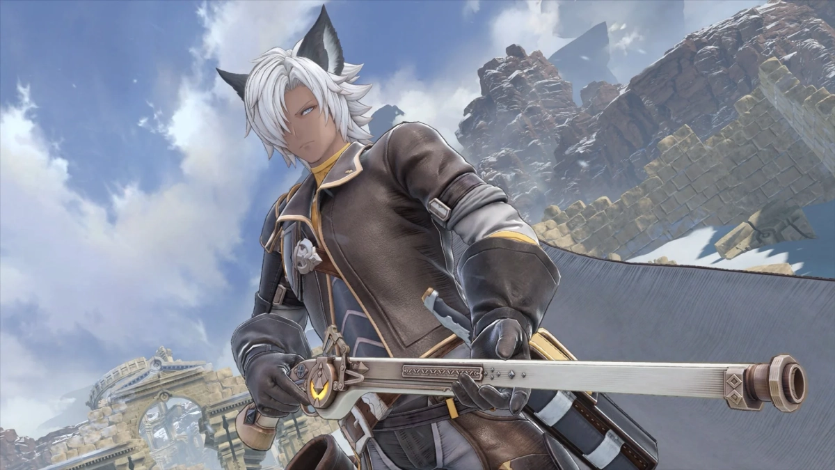 雪山の廃墟を背景に、白髪と獣耳を持つ男性キャラクターが銃を構えている。