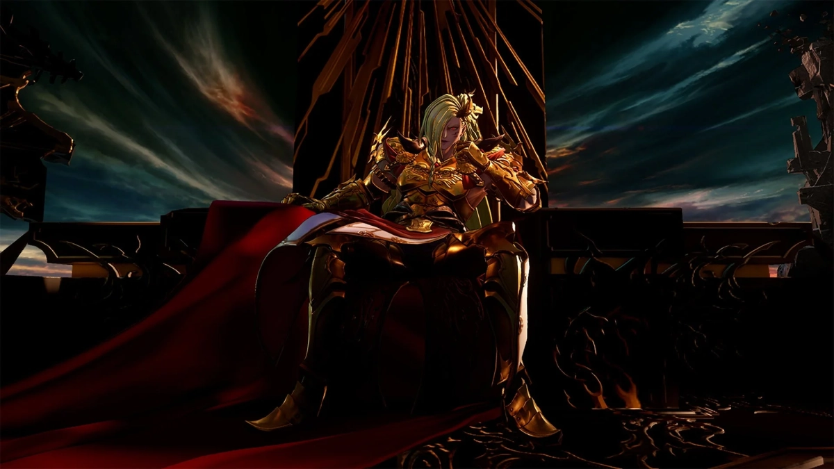 金色の豪華な鎧と赤いマントをまとった、威厳ある人物が壮麗な王座に腰掛けている。