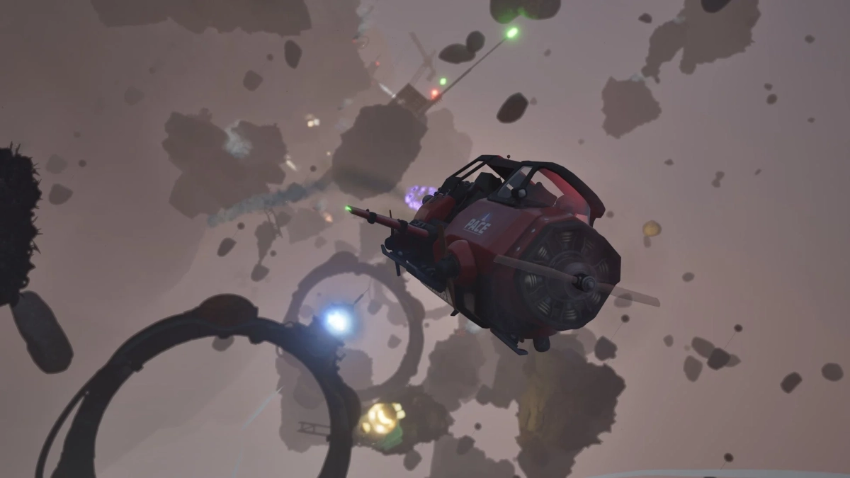 赤い未来的な乗り物が、浮遊する岩や構造物が点在する宇宙空間を飛行しています