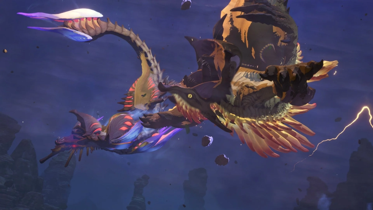 暗く幻想的な空間を、2体の巨大な生物が飛翔している