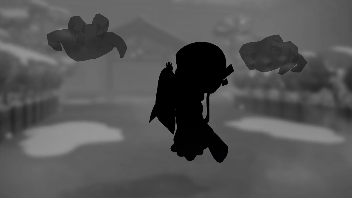 シルエットのキャラクターが浮遊する抽象的な画像