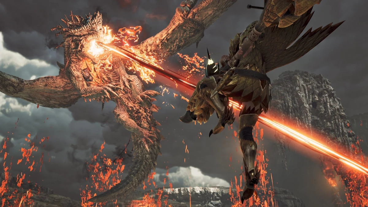 巨大なドラゴンが炎を吐き、ハンターが応戦している戦闘シーン