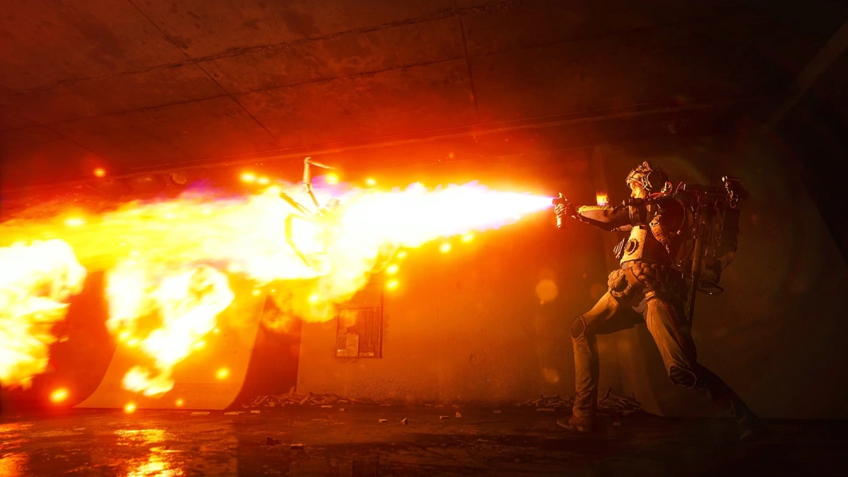 火炎放射器でロボットと戦闘