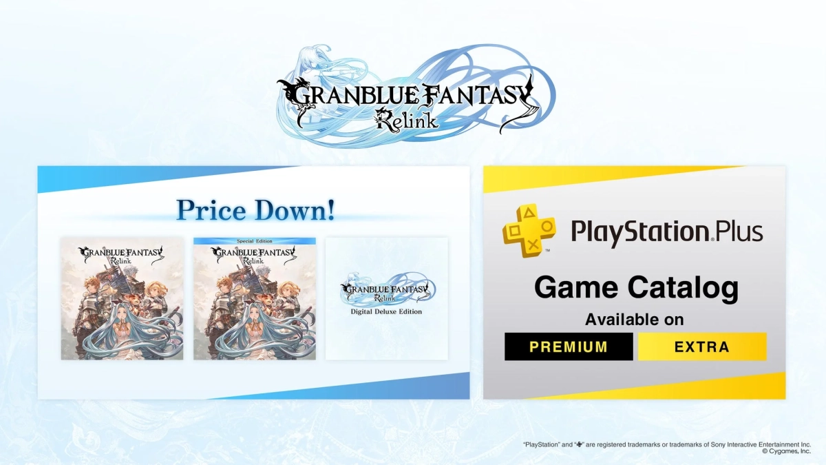 『GRANBLUE FANTASY Relink』の価格改定とPlayStation.Plus ゲームカタログへの追加を告知する画像です。