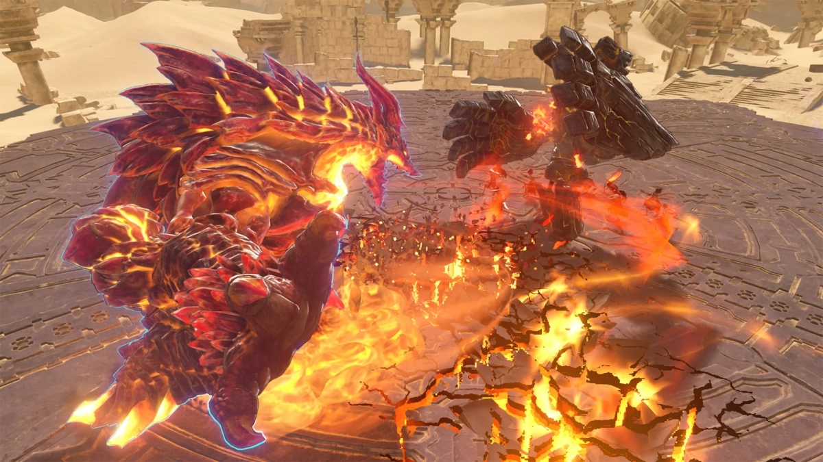 砂漠の廃墟を背景に、赤く燃える炎の怪物と黒い岩のエレメンタルが激しい戦闘を繰り広げている。