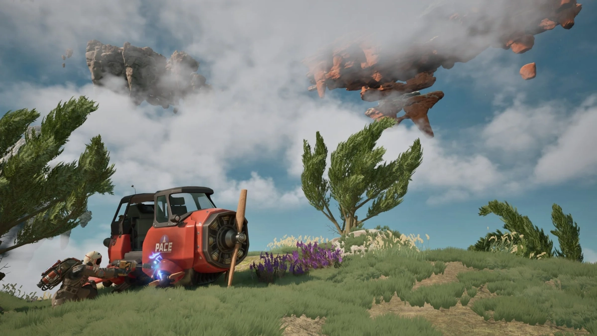 浮遊する岩の島々が浮かぶ空の下、草原の丘に赤いプロペラ付きの乗り物が停まっています