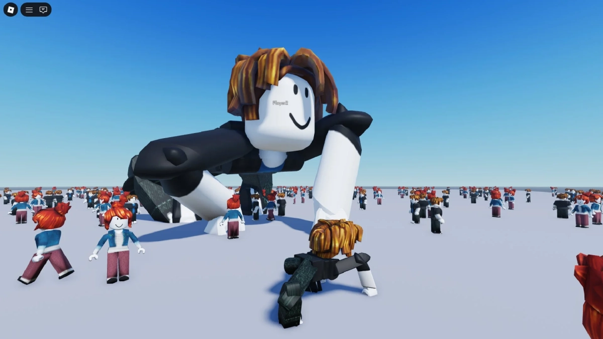 広大な白い地面に、一体の巨大なRobloxキャラクターが横たわり、その周りに多数の小さなRobloxキャラクターが集まっている様子。シンプルな青空が広がる仮想空間の風景。
