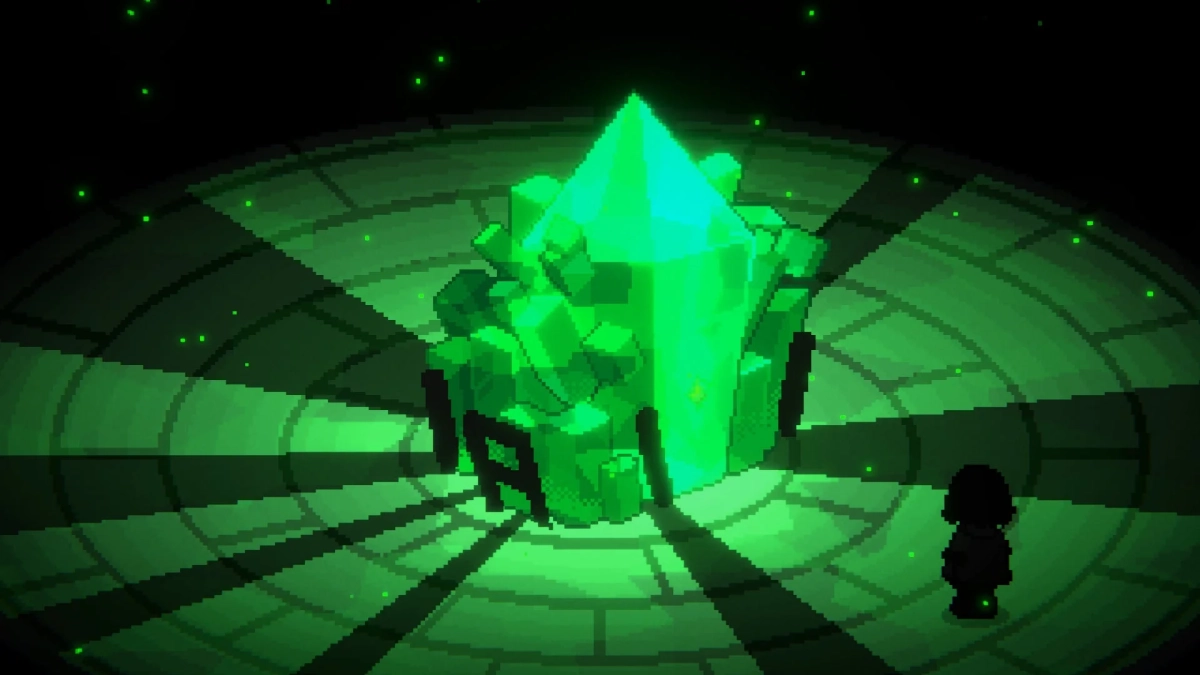 緑色に輝くクリスタルと人影