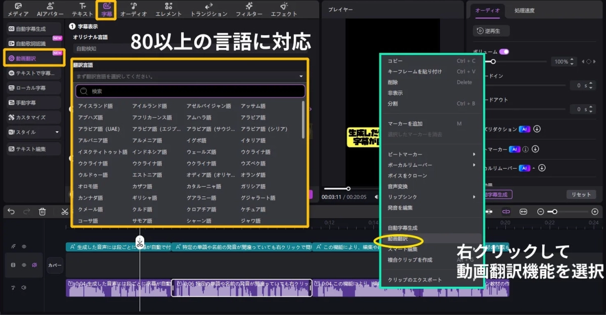 動画翻訳、多言語対応UI