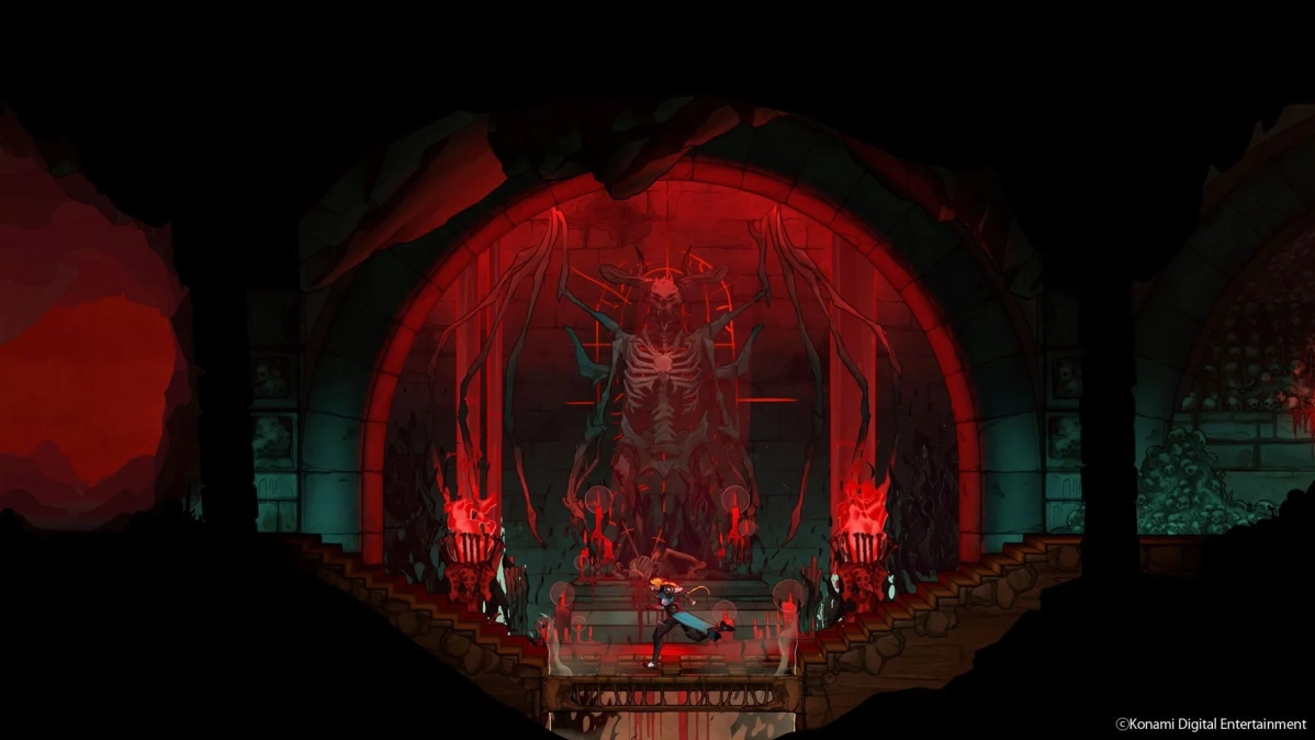 巨大な骸骨の悪魔と対峙する主人公