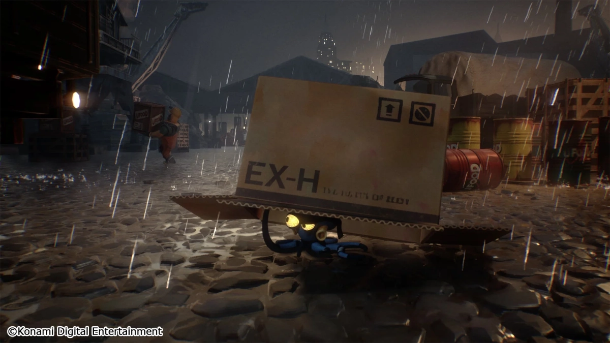 雨の夜の工場とロボット