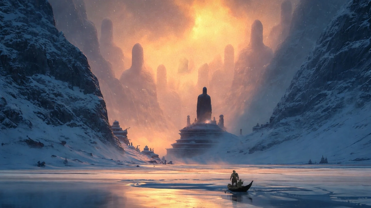 雪景色と仏像のような巨像