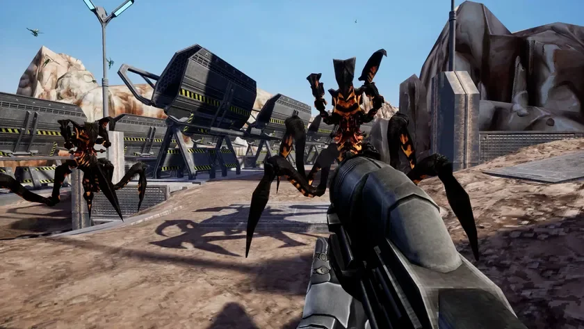 プレイヤーが未来的な武器を構え、複数の不気味なクリーチャーと対峙しているFPSゲームのスクリーンショット