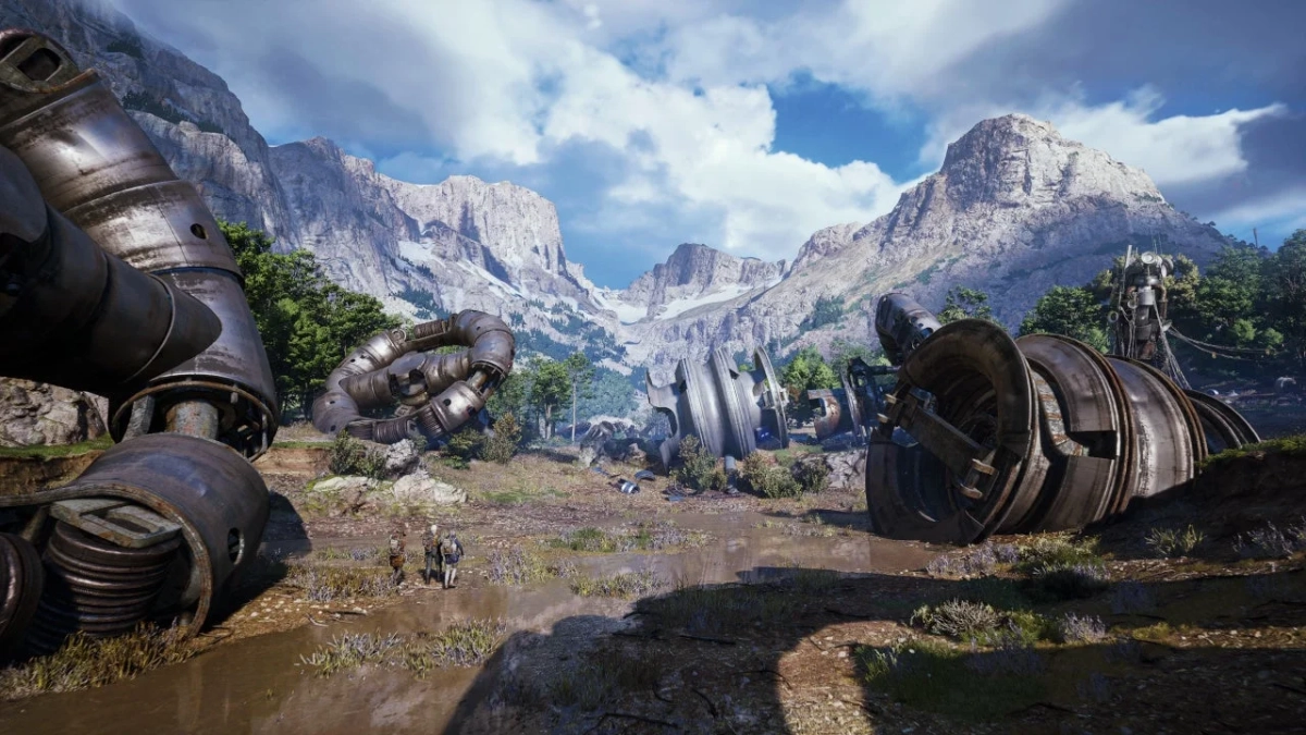 壮大な山々に囲まれた荒野に、巨大な機械の残骸が散乱しているSF的な廃墟の風景