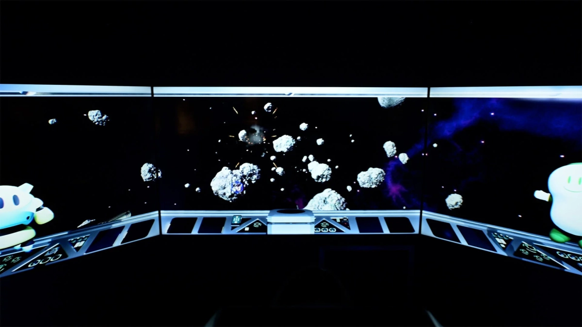 小惑星が漂う宇宙空間のデジタルアートとコックピットのような操作パネル