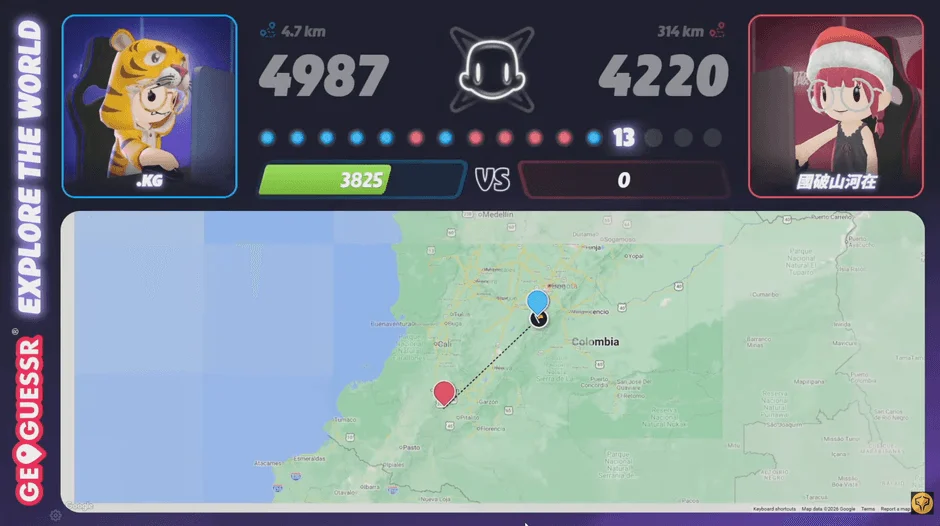 GeoGuessrのゲーム画面（.kg選手の4.7km推測）