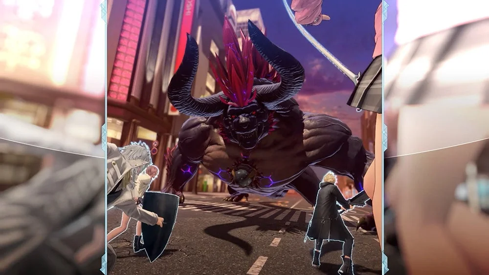 巨大な角を持つモンスターとキャラクターの戦闘シーン